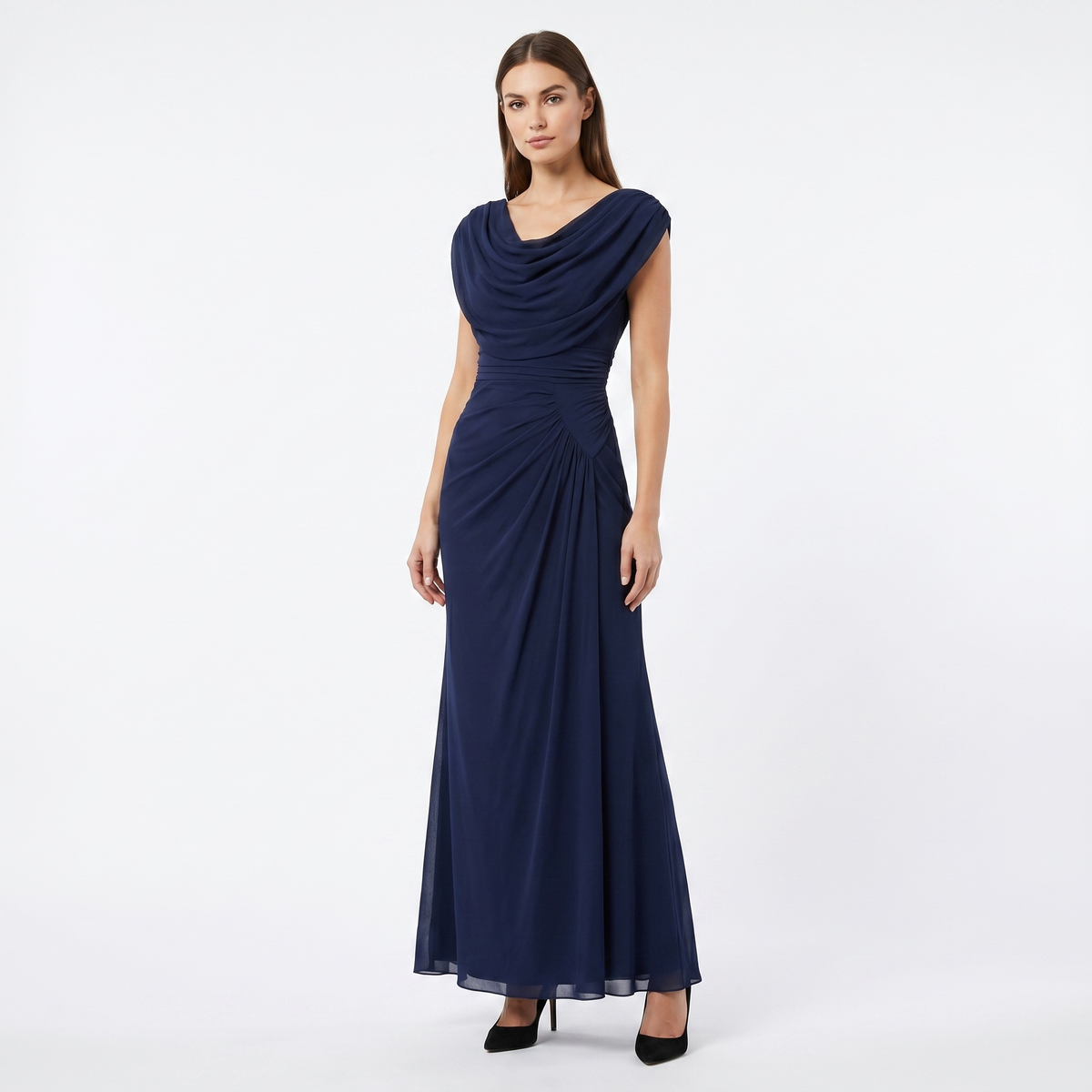 Women's Cowl Neck Ruched Chiffon Maxi Dress Cap Sleeve Draped Formal Evening Gown