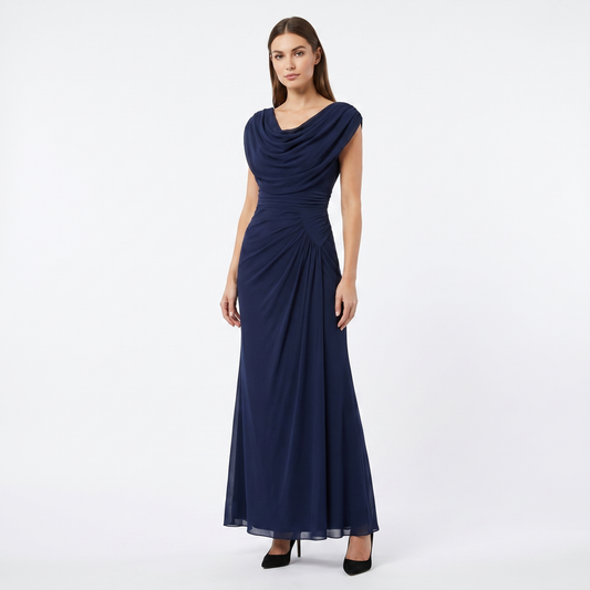 Women's Cowl Neck Ruched Chiffon Maxi Dress Cap Sleeve Draped Formal Evening Gown