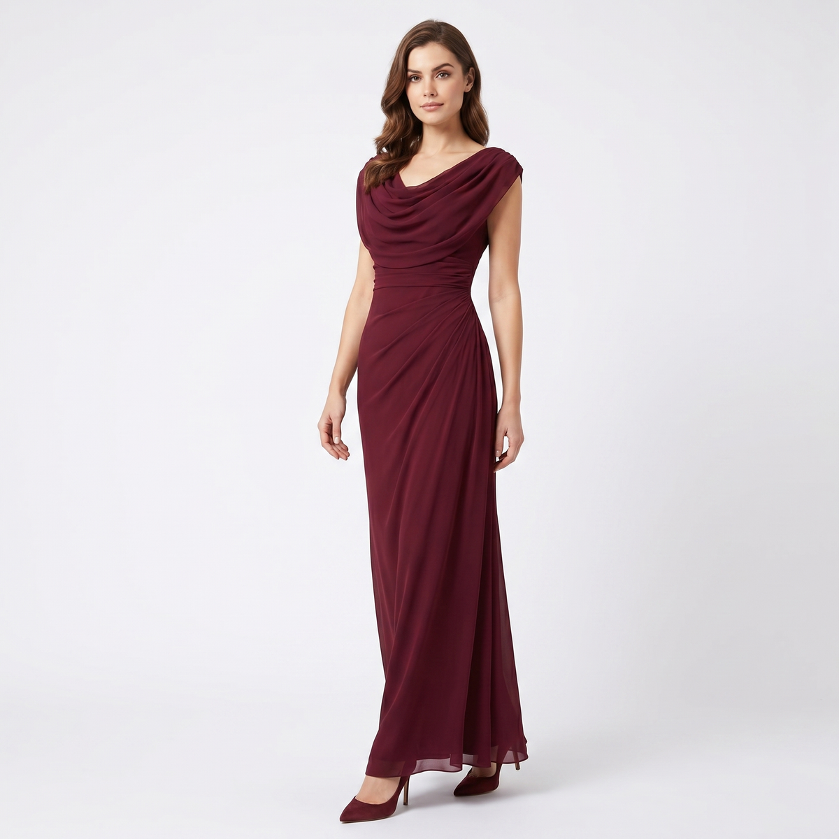 Women's Cowl Neck Ruched Chiffon Maxi Dress Cap Sleeve Draped Formal Evening Gown