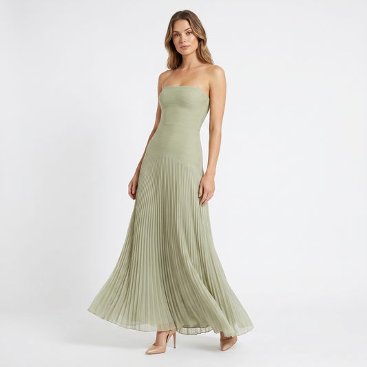 Women's Strapless Pleated Maxi Dress Accordion Pleat A-Line Formal