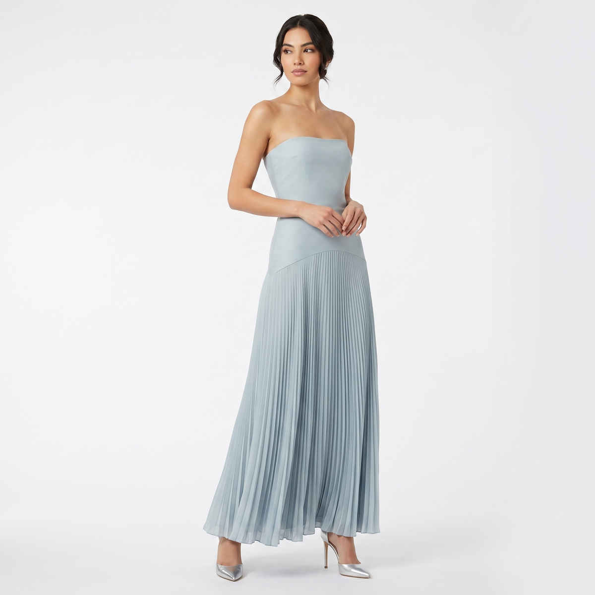 Women's Strapless Pleated Maxi Dress Accordion Pleat A-Line Formal