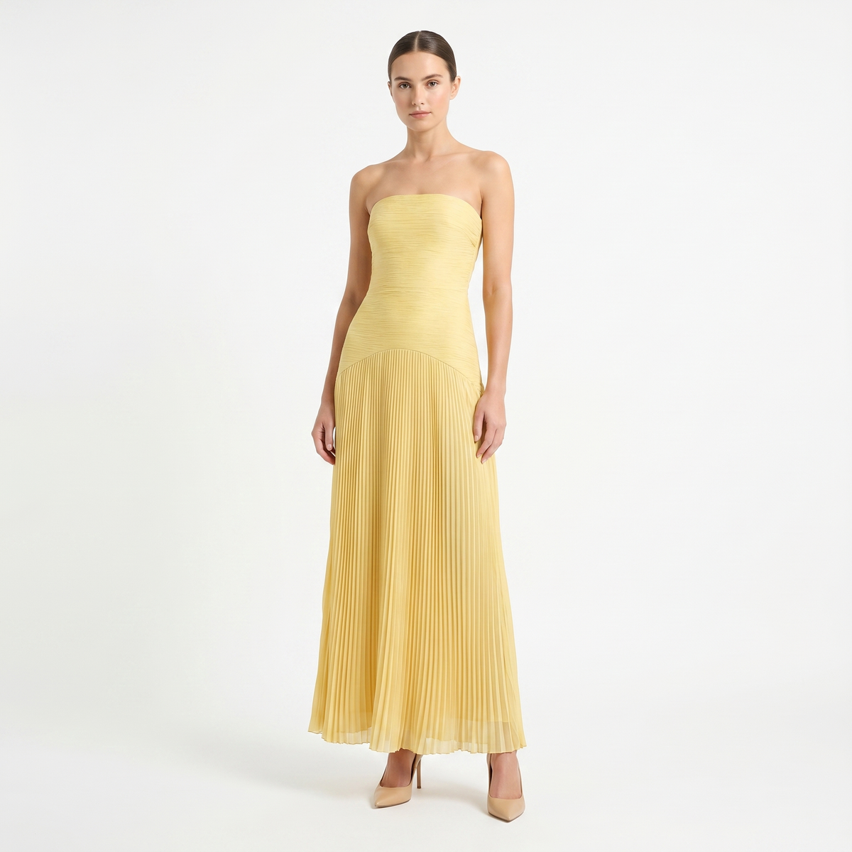 Women's Strapless Pleated Maxi Dress Accordion Pleat A-Line Formal