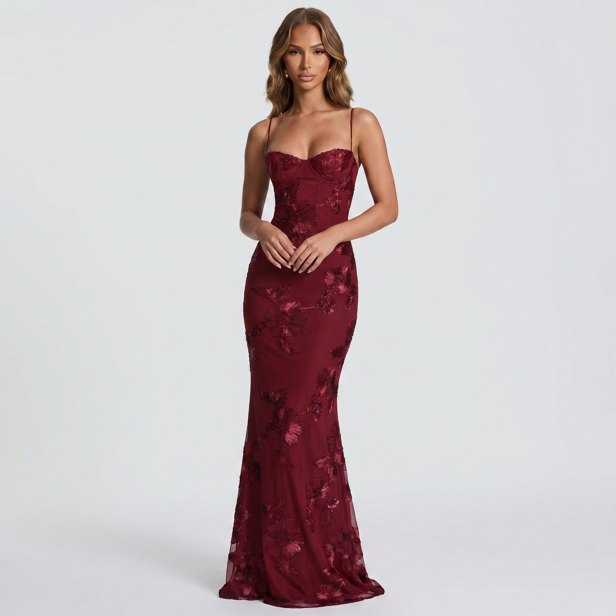 Women's Floral Lace Applique Corset Maxi Dress Spaghetti Strap Mermaid