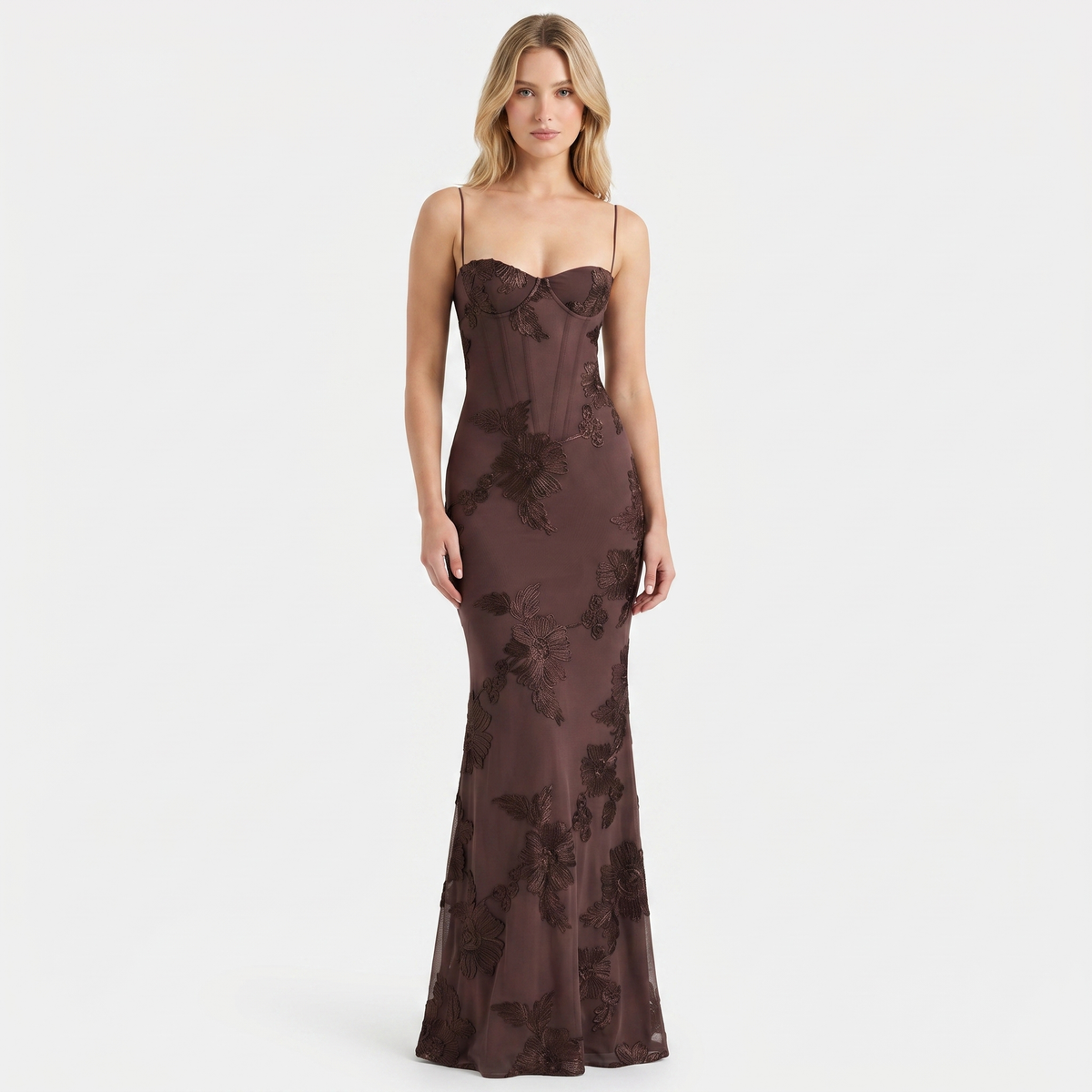 Women's Floral Lace Applique Corset Maxi Dress Spaghetti Strap Mermaid
