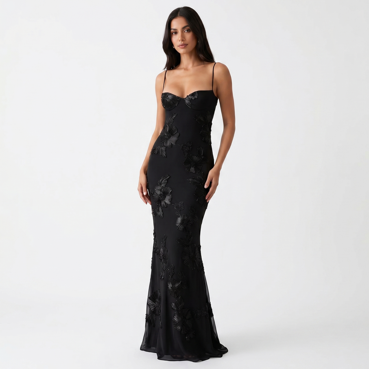 Women's Floral Lace Applique Corset Maxi Dress Spaghetti Strap Mermaid
