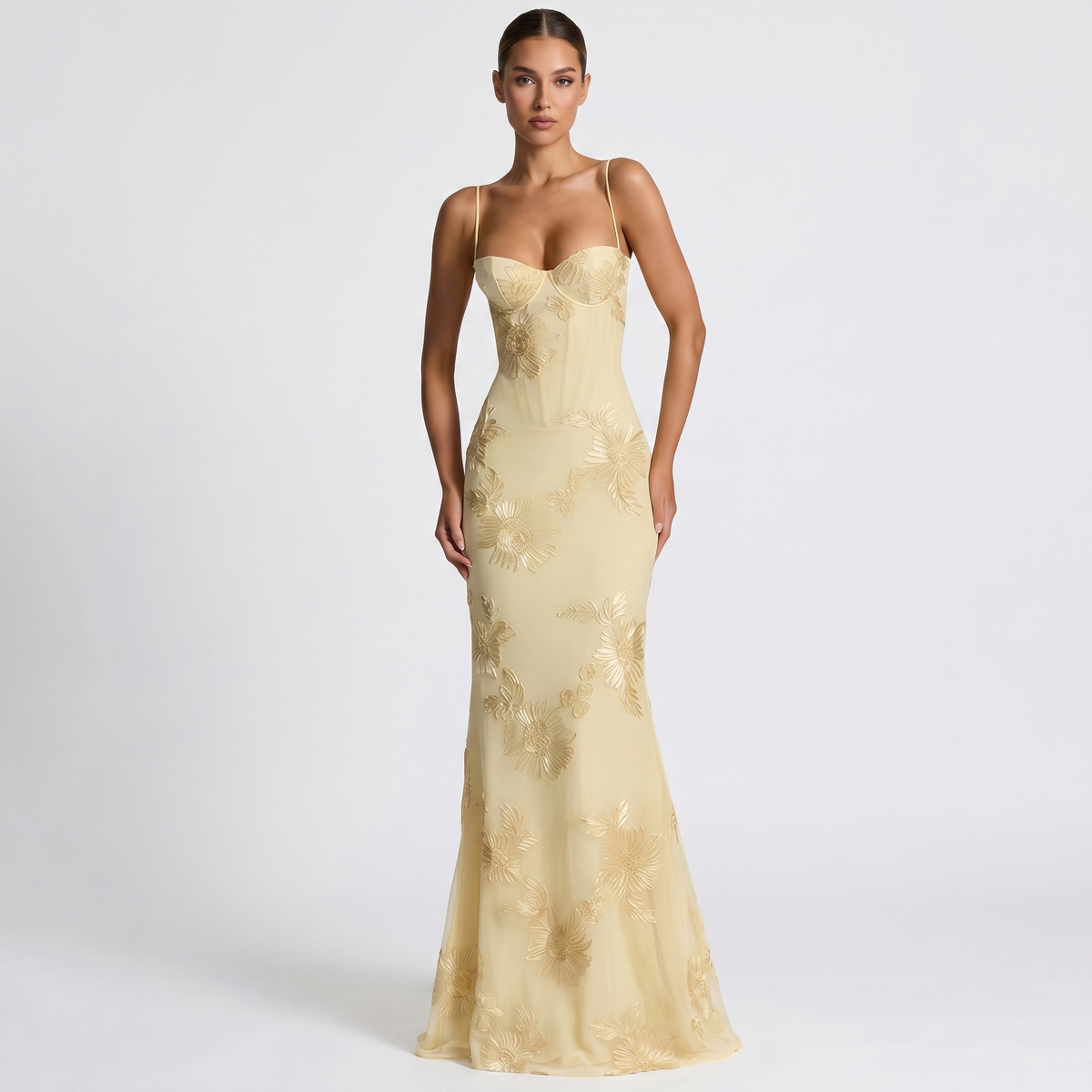 Women's Floral Lace Applique Corset Maxi Dress Spaghetti Strap Mermaid