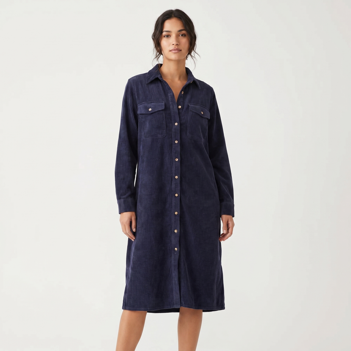 Women's Corduroy Shirt Dress Midi Length Button Front Long Sleeve Casual Dress