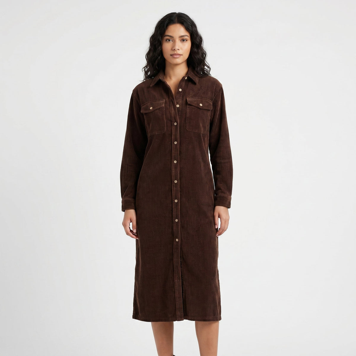 Women's Corduroy Shirt Dress Midi Length Button Front Long Sleeve Casual Dress