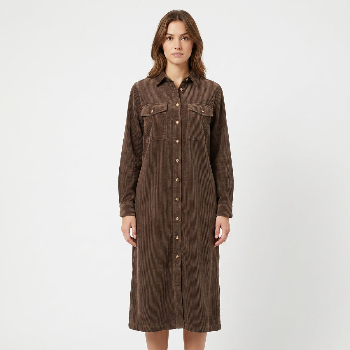 Women's Corduroy Shirt Dress Midi Length Button Front Long Sleeve Casual Dress