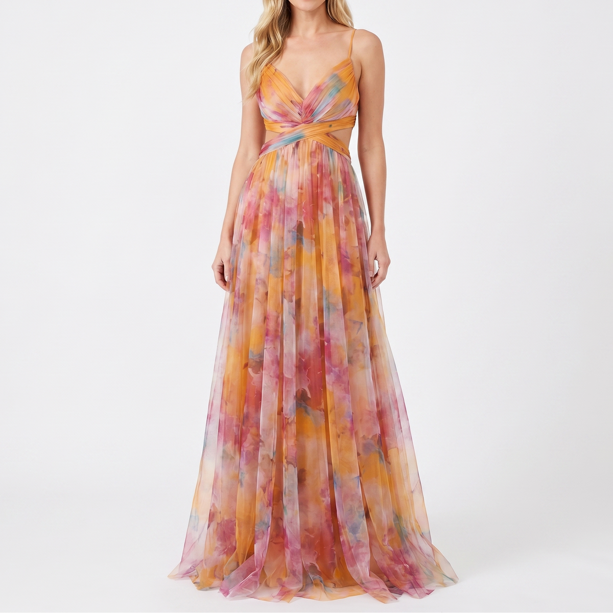 Women's Floral Tulle Maxi Dress V Neck Spaghetti Strap Formal Gown