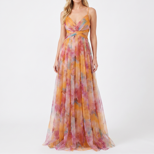 Women's Floral Tulle Maxi Dress V Neck Spaghetti Strap Formal Gown