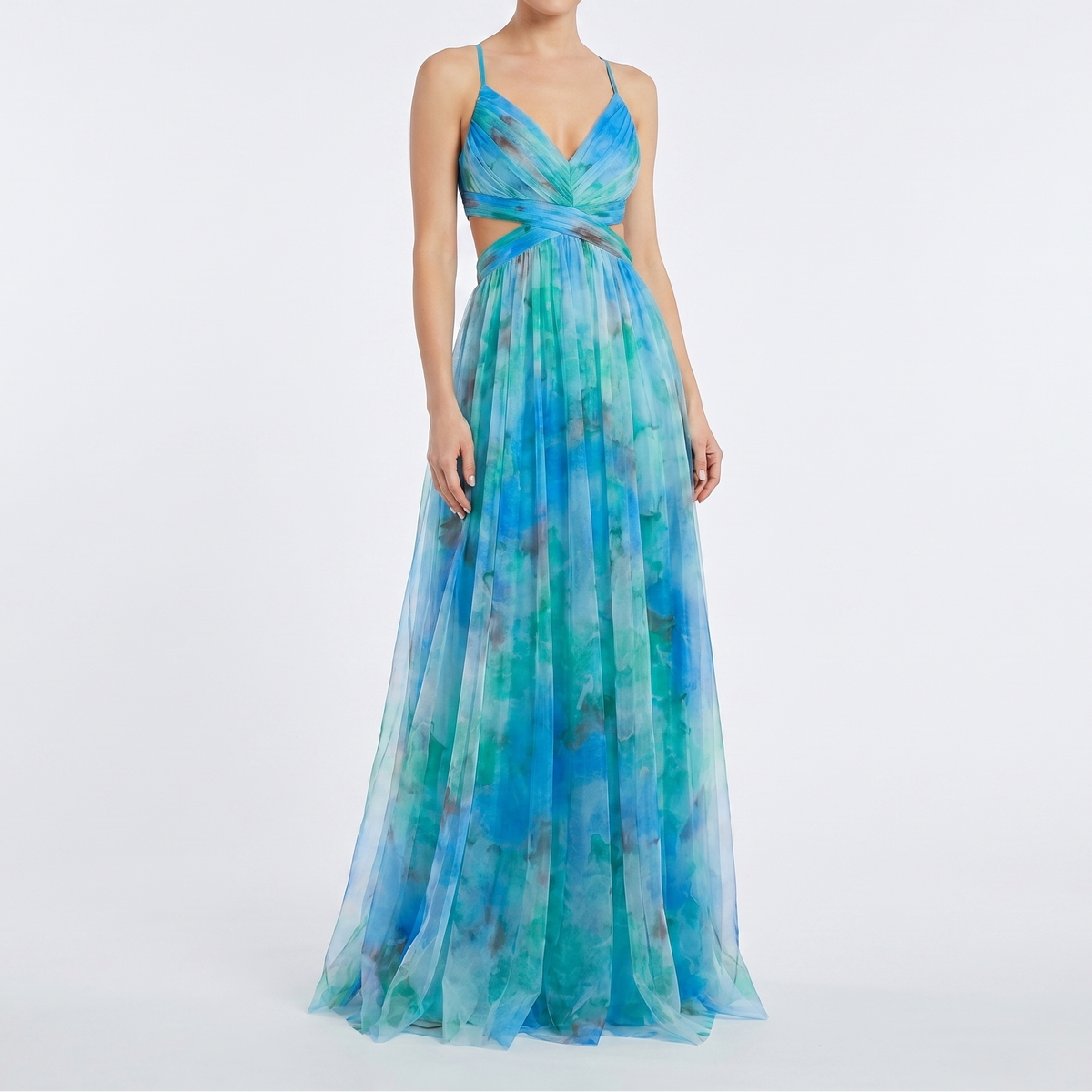 Women's Floral Tulle Maxi Dress V Neck Spaghetti Strap Formal Gown