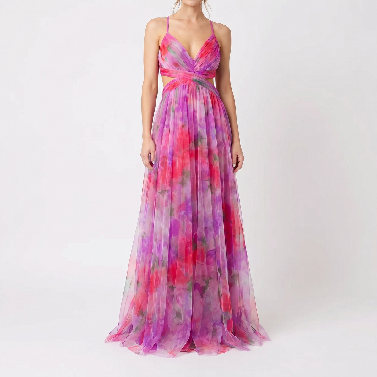 Women's Floral Tulle Maxi Dress V Neck Spaghetti Strap Formal Gown