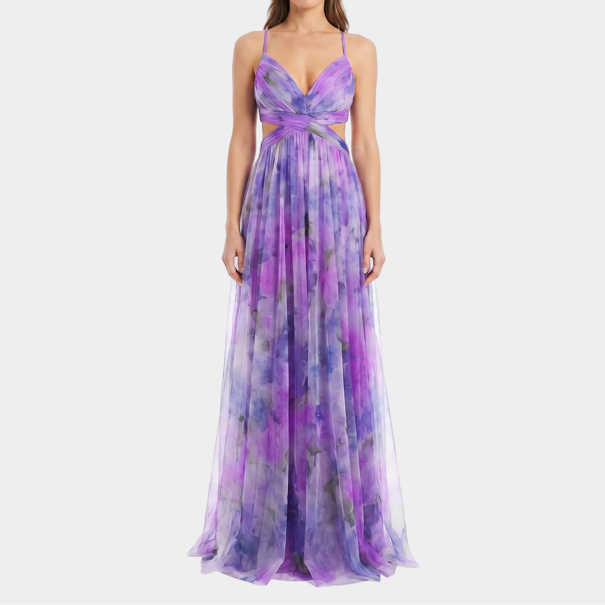 Women's Floral Tulle Maxi Dress V Neck Spaghetti Strap Formal Gown