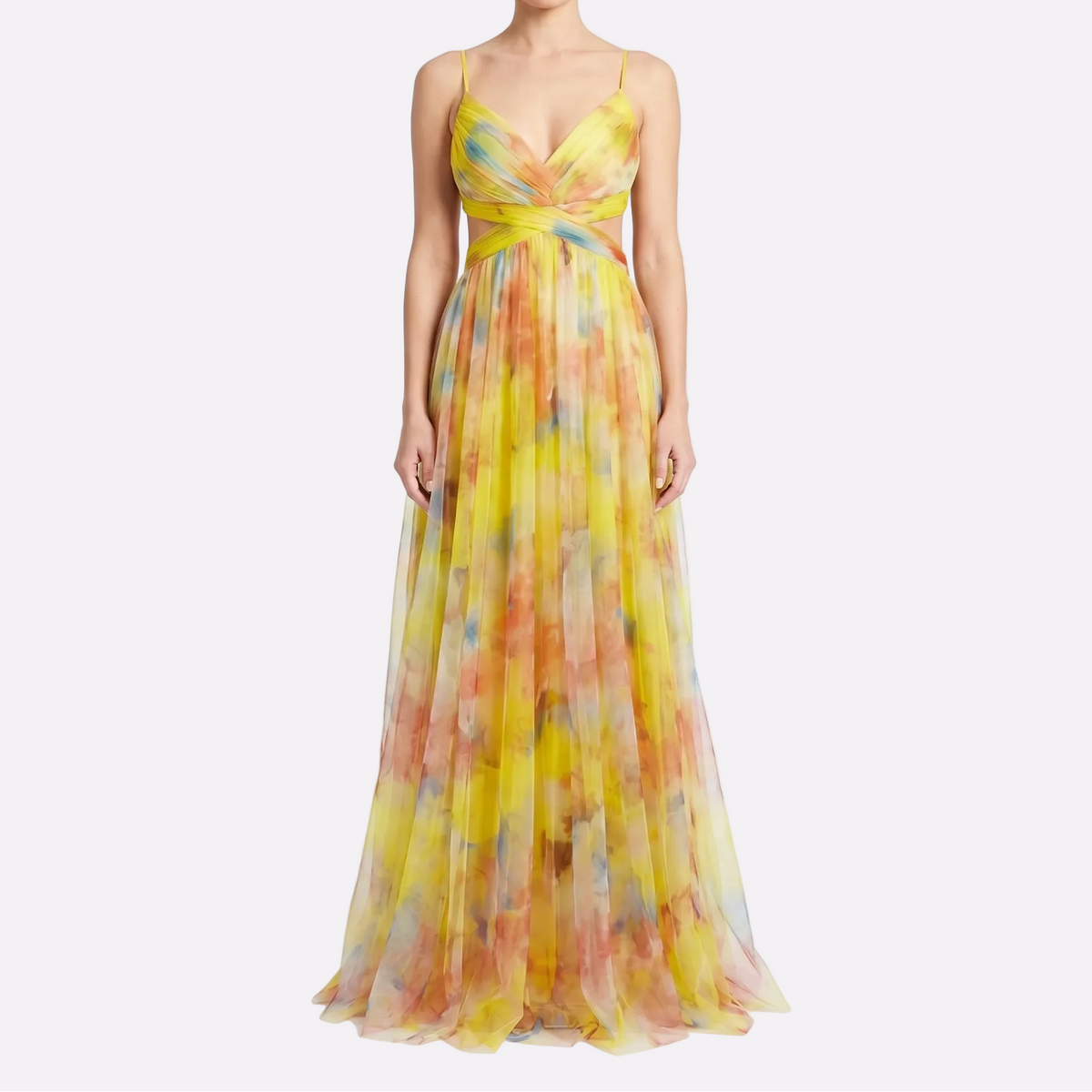 Women's Floral Tulle Maxi Dress V Neck Spaghetti Strap Formal Gown