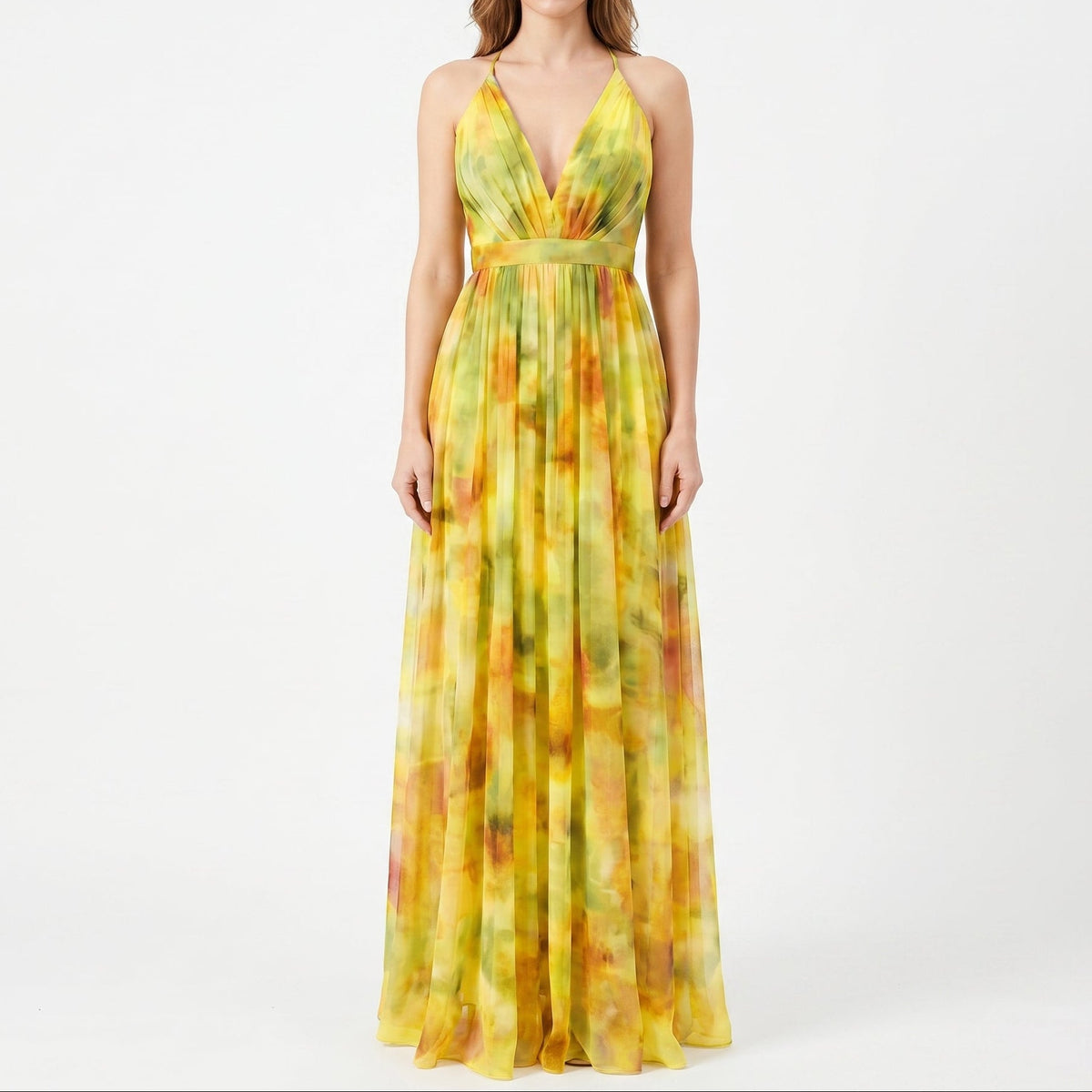Women's Floral Tulle Maxi Dress V Neck Spaghetti Strap Formal Gown