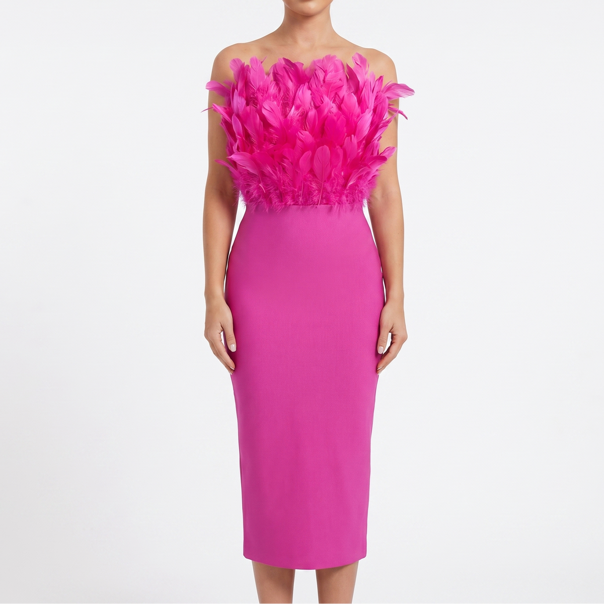 Women's Feather Trim Midi Dress Strapless Bandeau Bodycon Party