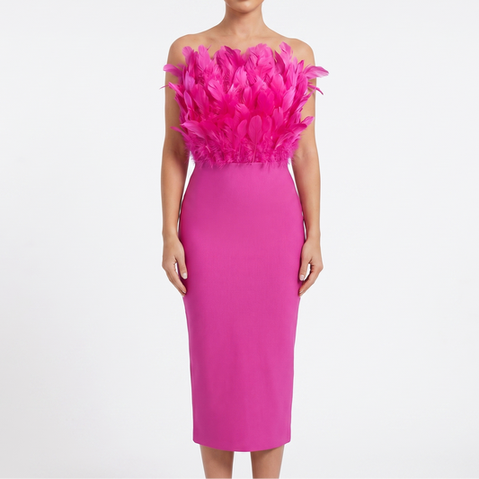 Women's Feather Trim Midi Dress Strapless Bandeau Bodycon Party