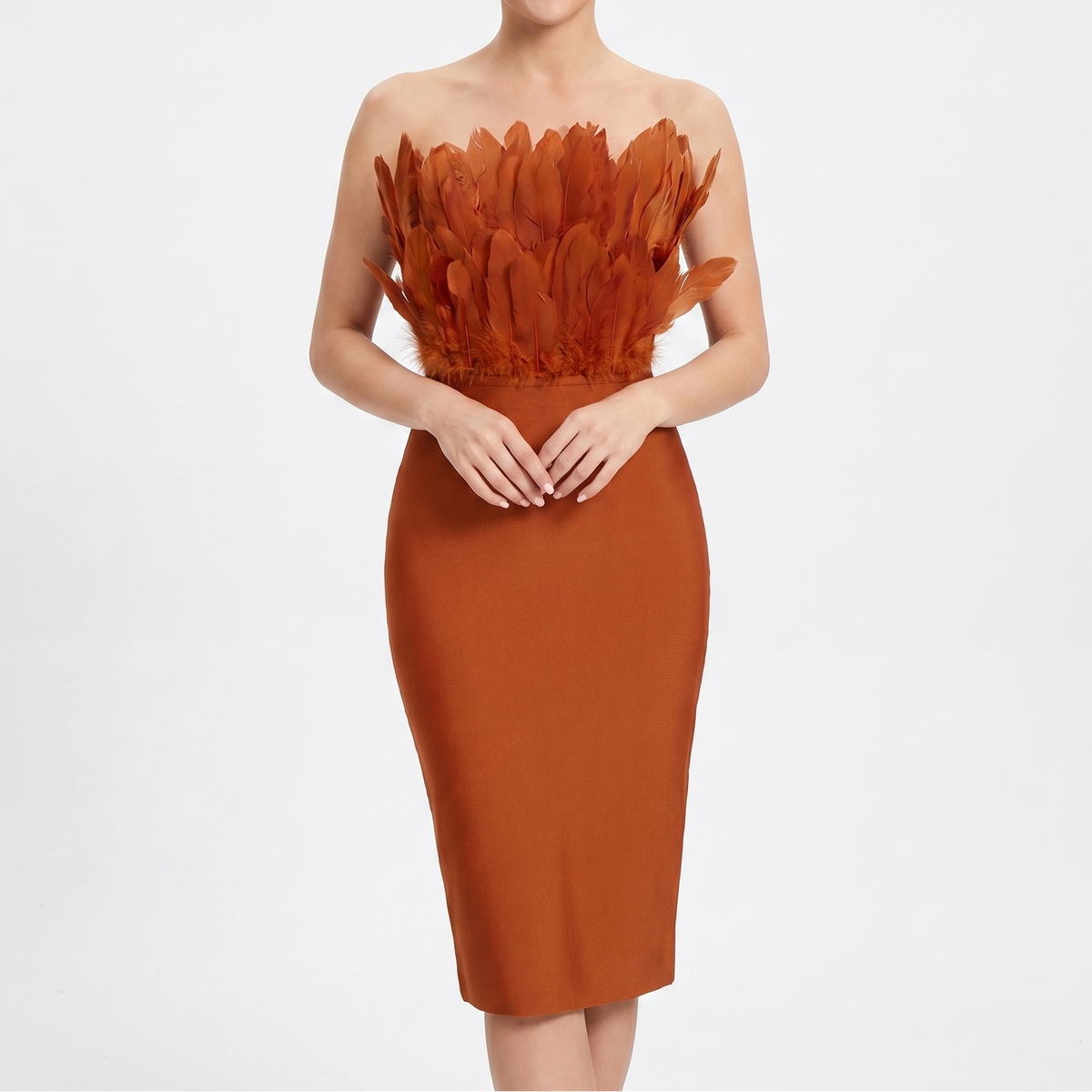 Women's Feather Trim Midi Dress Strapless Bandeau Bodycon Party