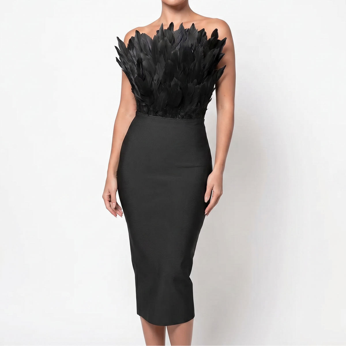 Women's Feather Trim Midi Dress Strapless Bandeau Bodycon Party