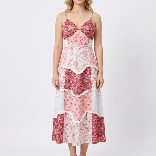 Women's Floral Midi Dress Tiered Skirt Ruched Bodice Boho Summer