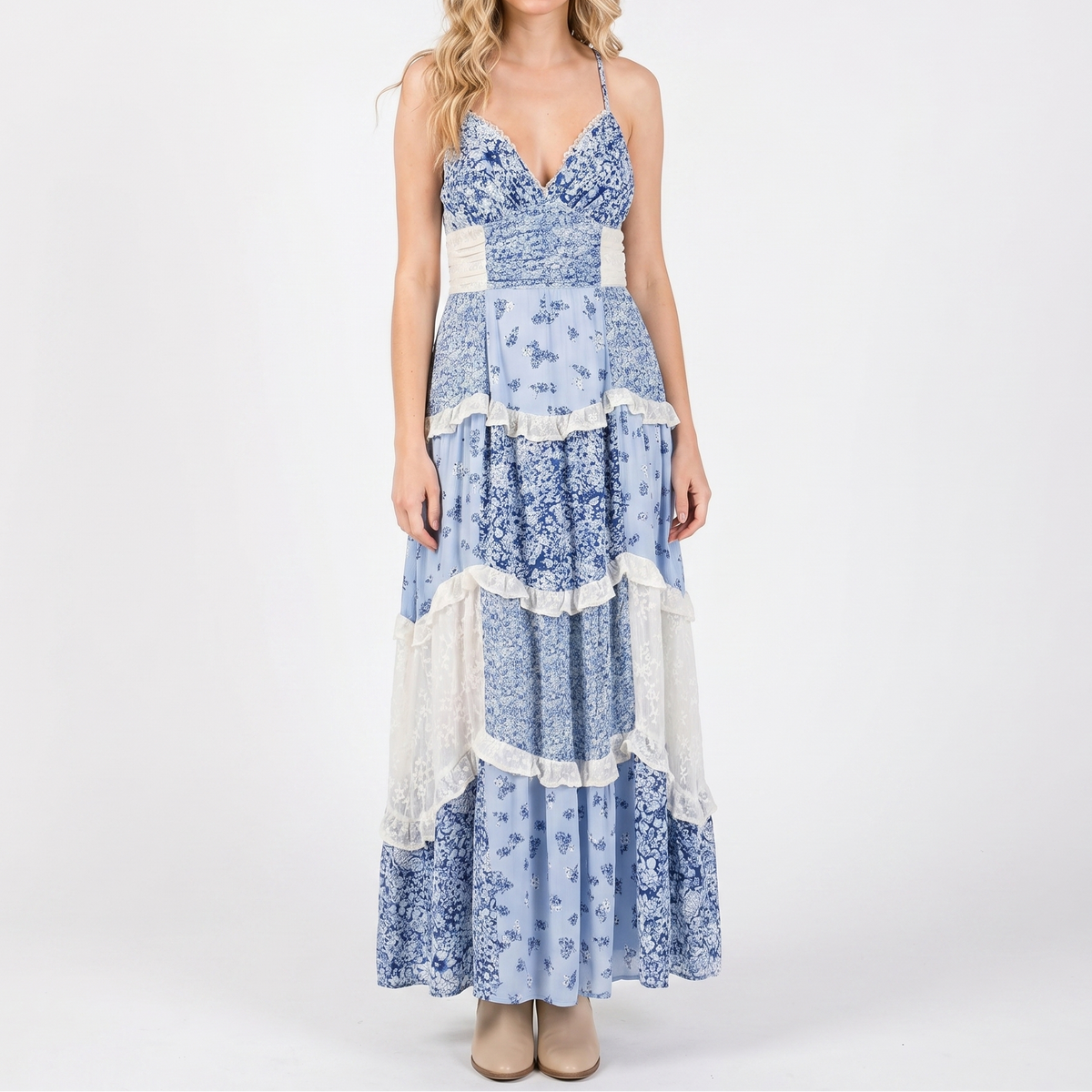 Women's Floral Midi Dress Tiered Skirt Ruched Bodice Boho Summer
