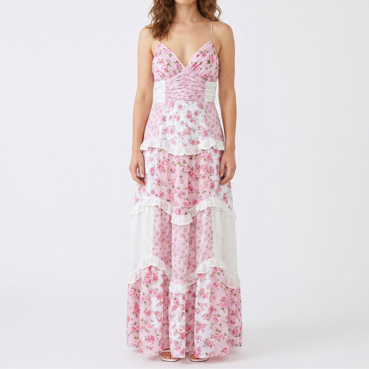 Women's Floral Midi Dress Tiered Skirt Ruched Bodice Boho Summer