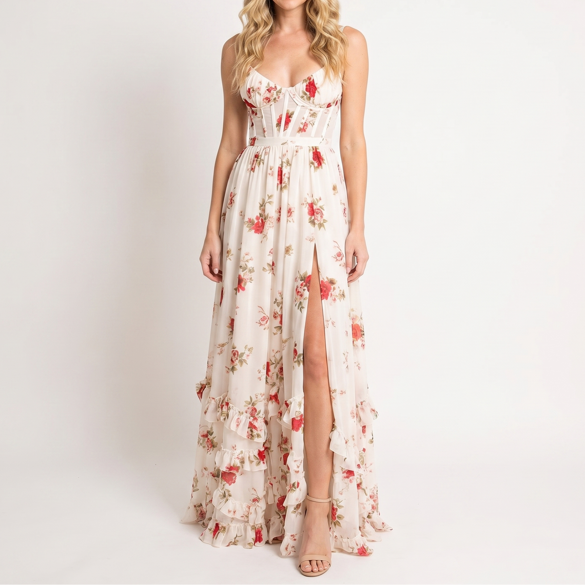 Women's Floral Maxi Dress Corset Bodice Front Split Chiffon Summer