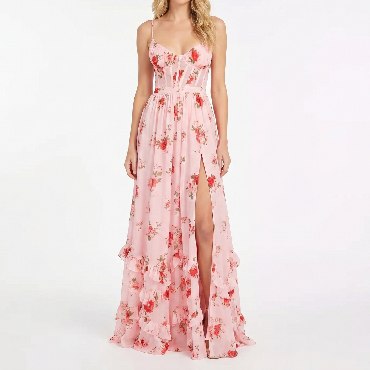 Women's Floral Maxi Dress Corset Bodice Front Split Chiffon Summer