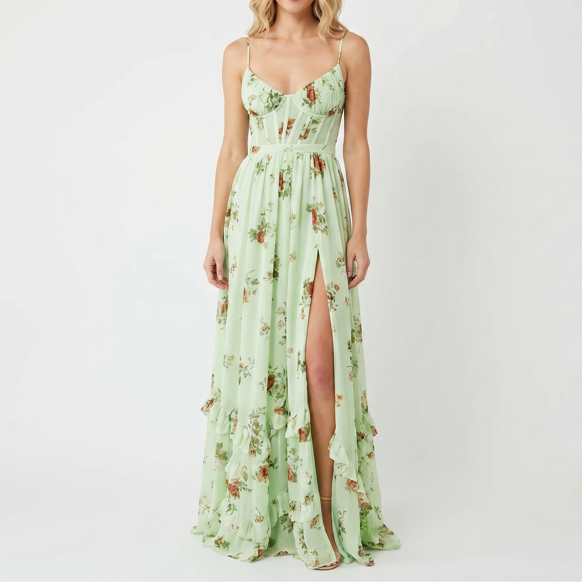 Women's Floral Maxi Dress Corset Bodice Front Split Chiffon Summer