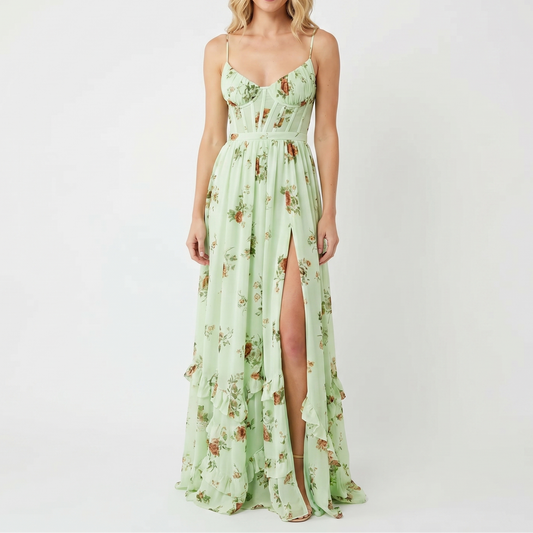 Women's Floral Maxi Dress Corset Bodice Front Split Chiffon Summer