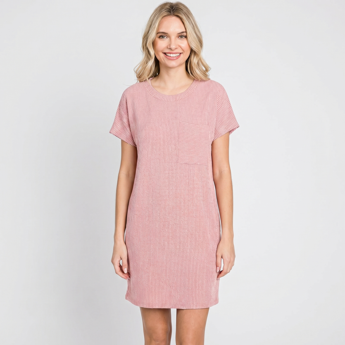 Women's Ribbed Knit T Shirt Dress Short Sleeve Round Neck Mini