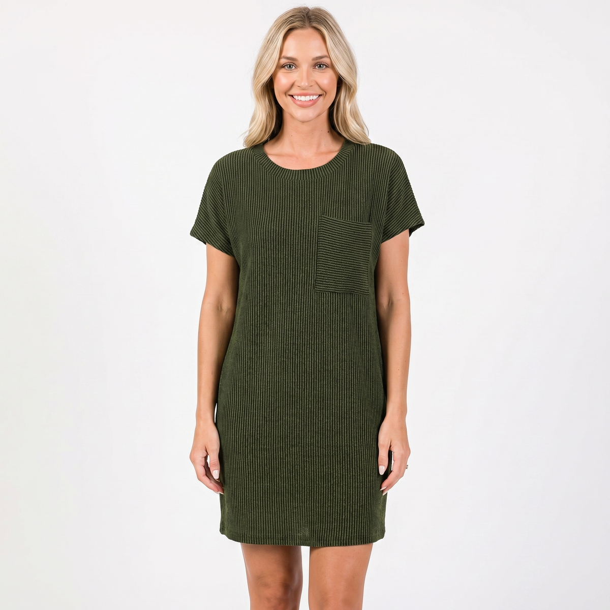 Women's Ribbed Knit T Shirt Dress Short Sleeve Round Neck Mini
