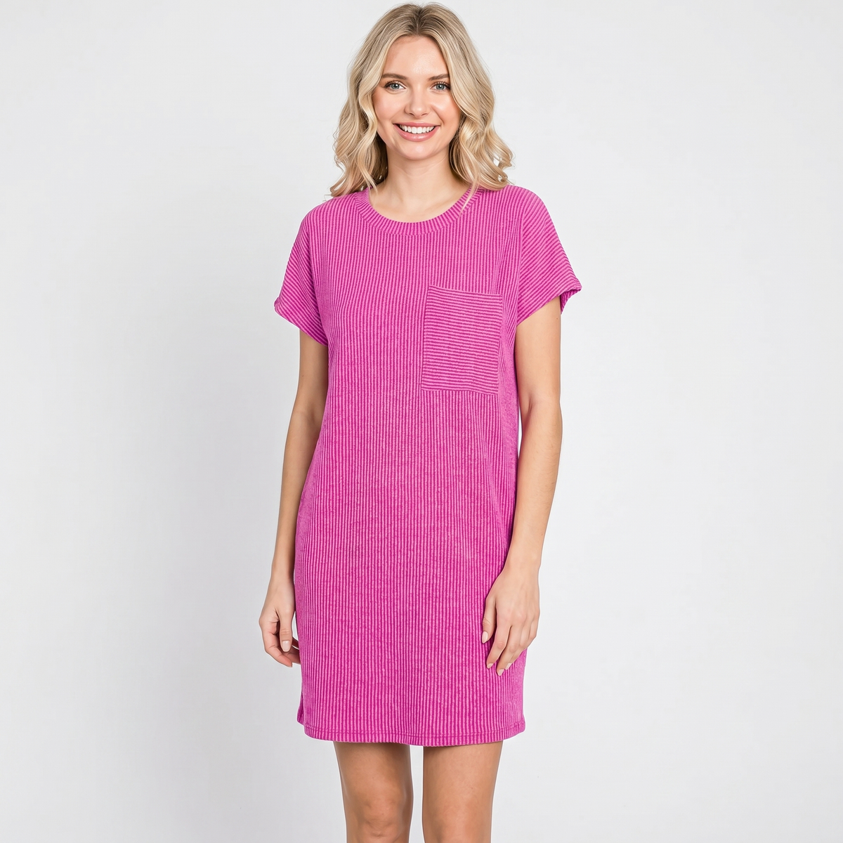 Women's Ribbed Knit T Shirt Dress Short Sleeve Round Neck Mini
