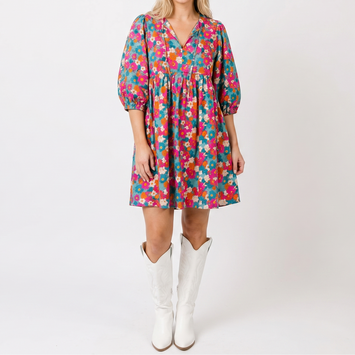 Women's Floral Print Babydoll Mini Dress V-Neck Long-Sleeve Smocked