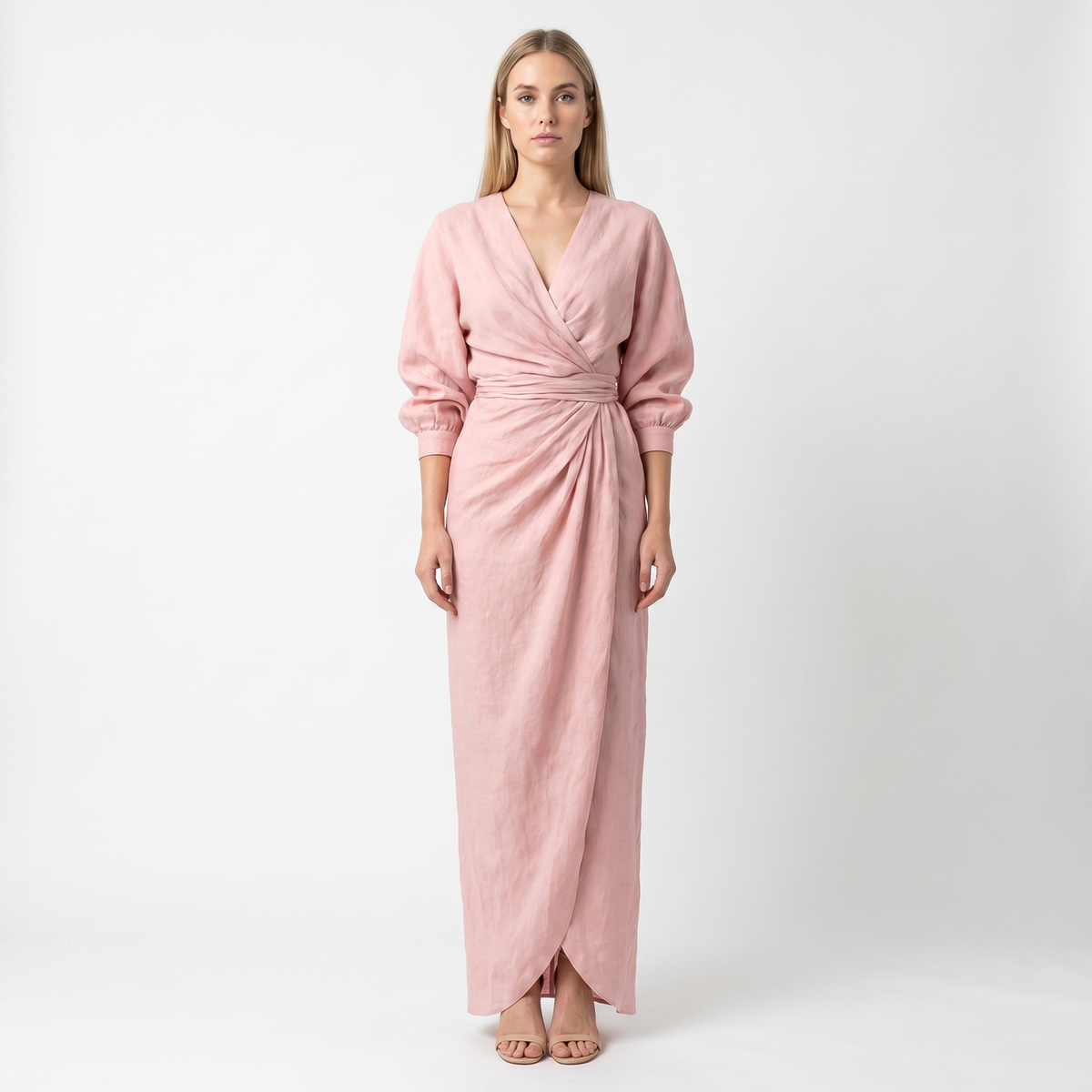 Women's Linen Wrap Maxi Dress Long Sleeve Deep V Neck Ruched