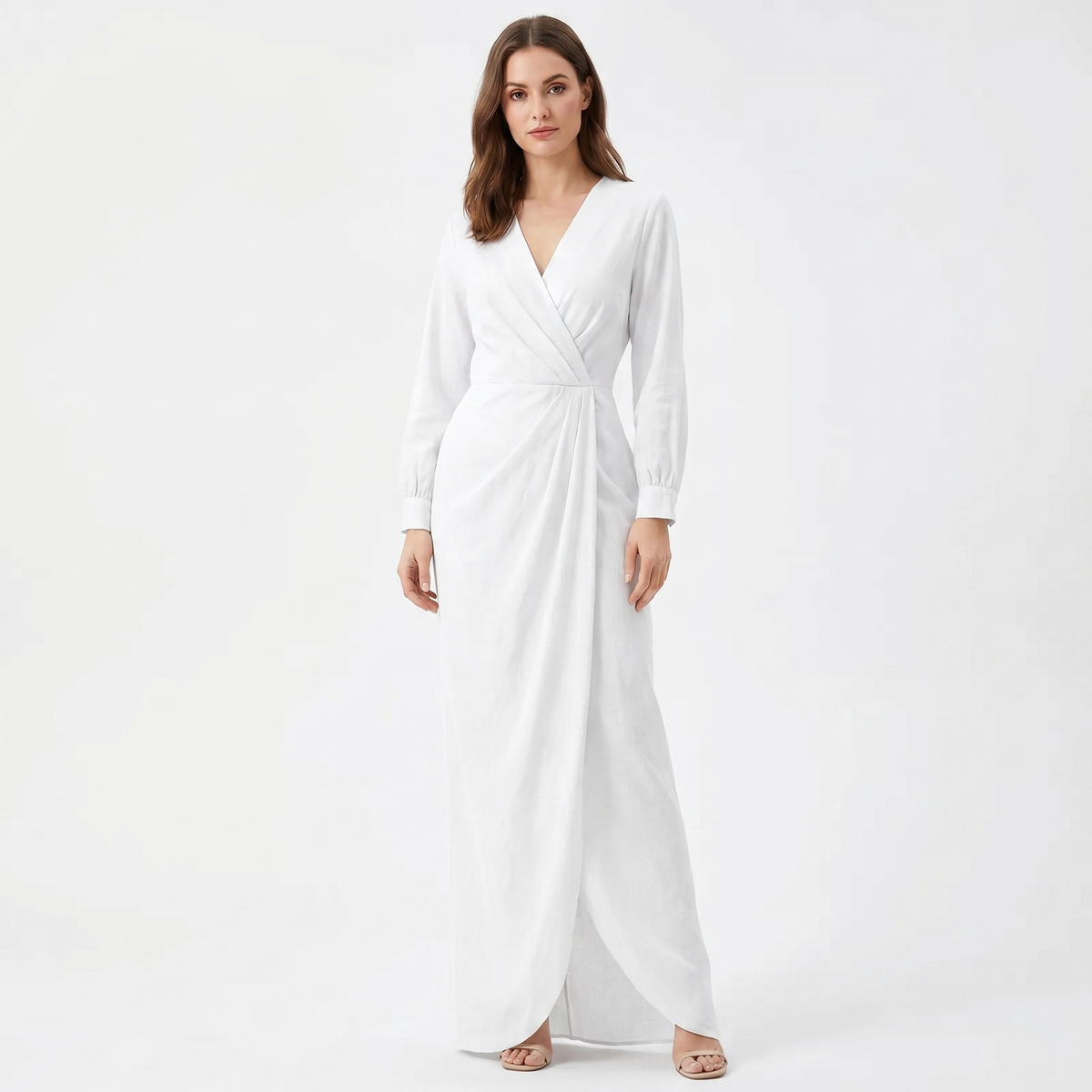 Women's Linen Wrap Maxi Dress Long Sleeve Deep V Neck Ruched