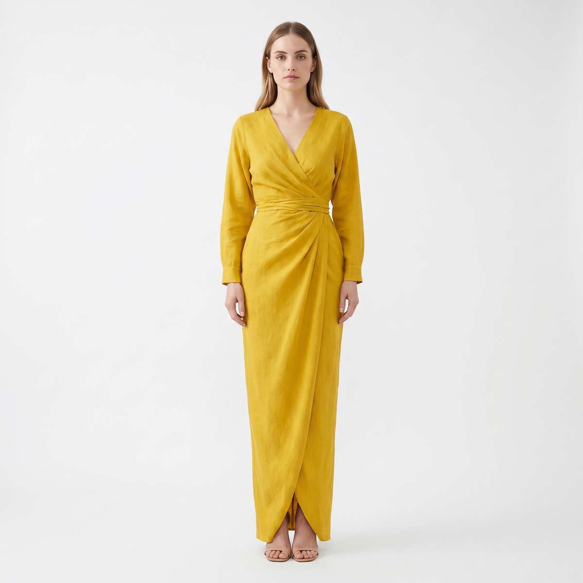 Women's Linen Wrap Maxi Dress Long Sleeve Deep V Neck Ruched