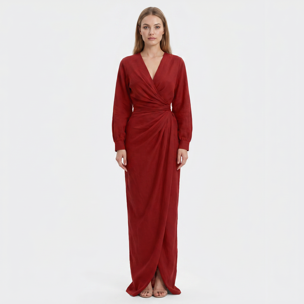 Women's Linen Wrap Maxi Dress Long Sleeve Deep V Neck Ruched