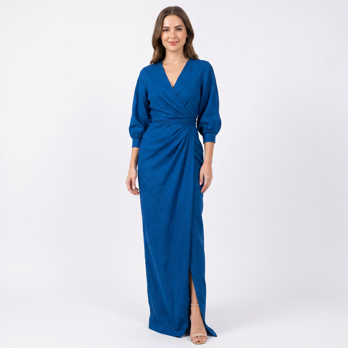 Women's Linen Wrap Maxi Dress Long Sleeve Deep V Neck Ruched