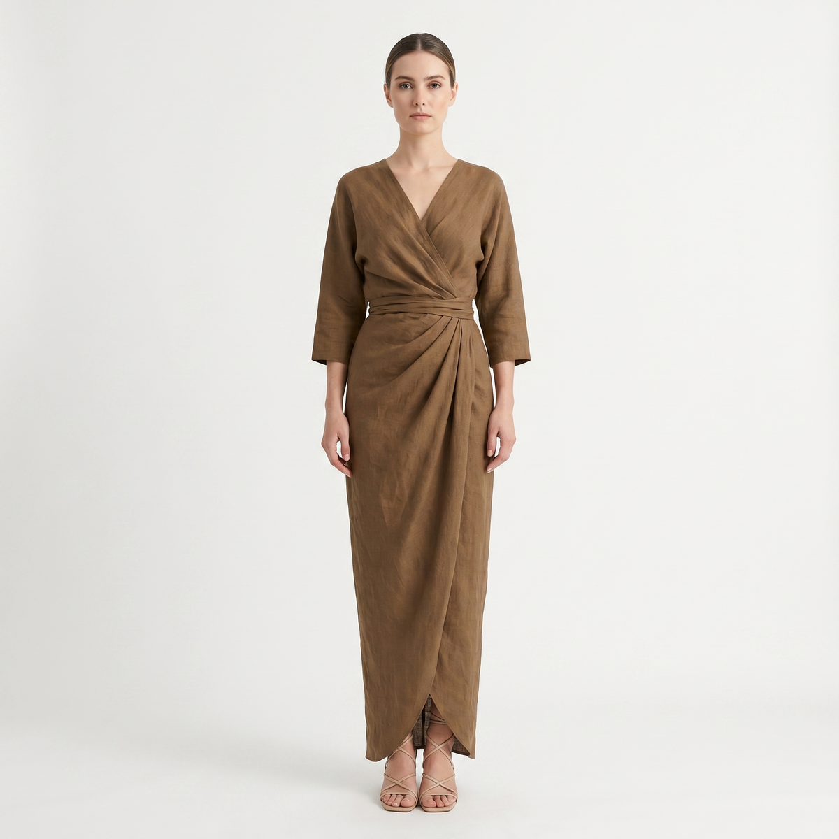 Women's Linen Wrap Maxi Dress Long Sleeve Deep V Neck Ruched