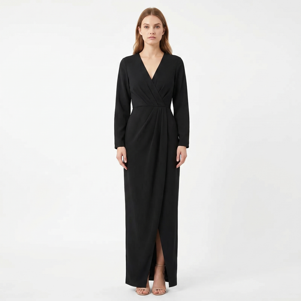 Women's Linen Wrap Maxi Dress Long Sleeve Deep V Neck Ruched