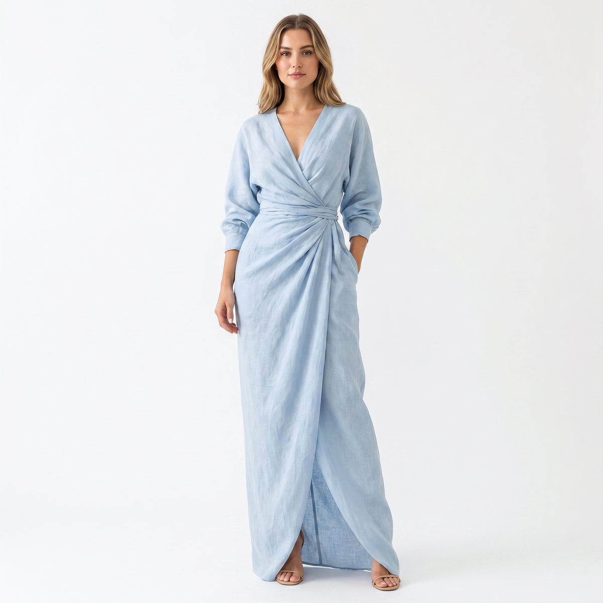 Women's Linen Wrap Maxi Dress Long Sleeve Deep V Neck Ruched