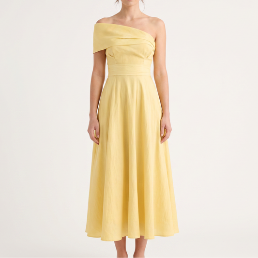 Women's Off Shoulder Midi Dress Fit and Flare Pleated Skirt Elegant