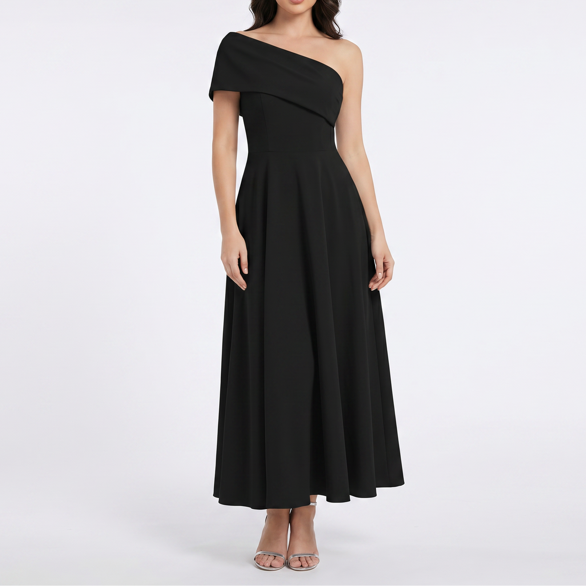 Women's Off Shoulder Midi Dress Fit and Flare Pleated Skirt Elegant