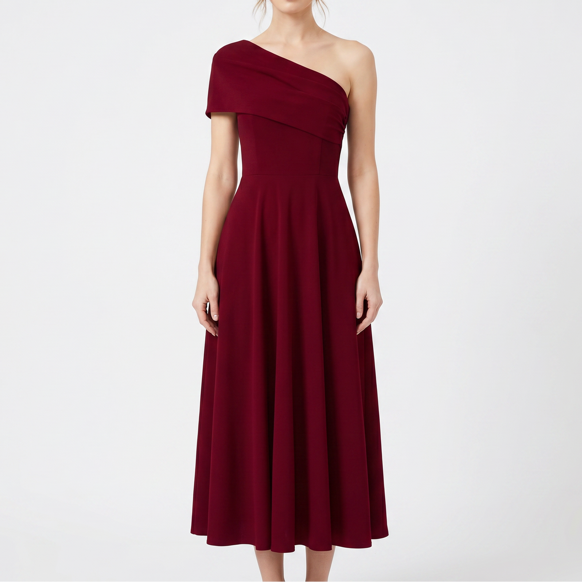 Women's Off Shoulder Midi Dress Fit and Flare Pleated Skirt Elegant