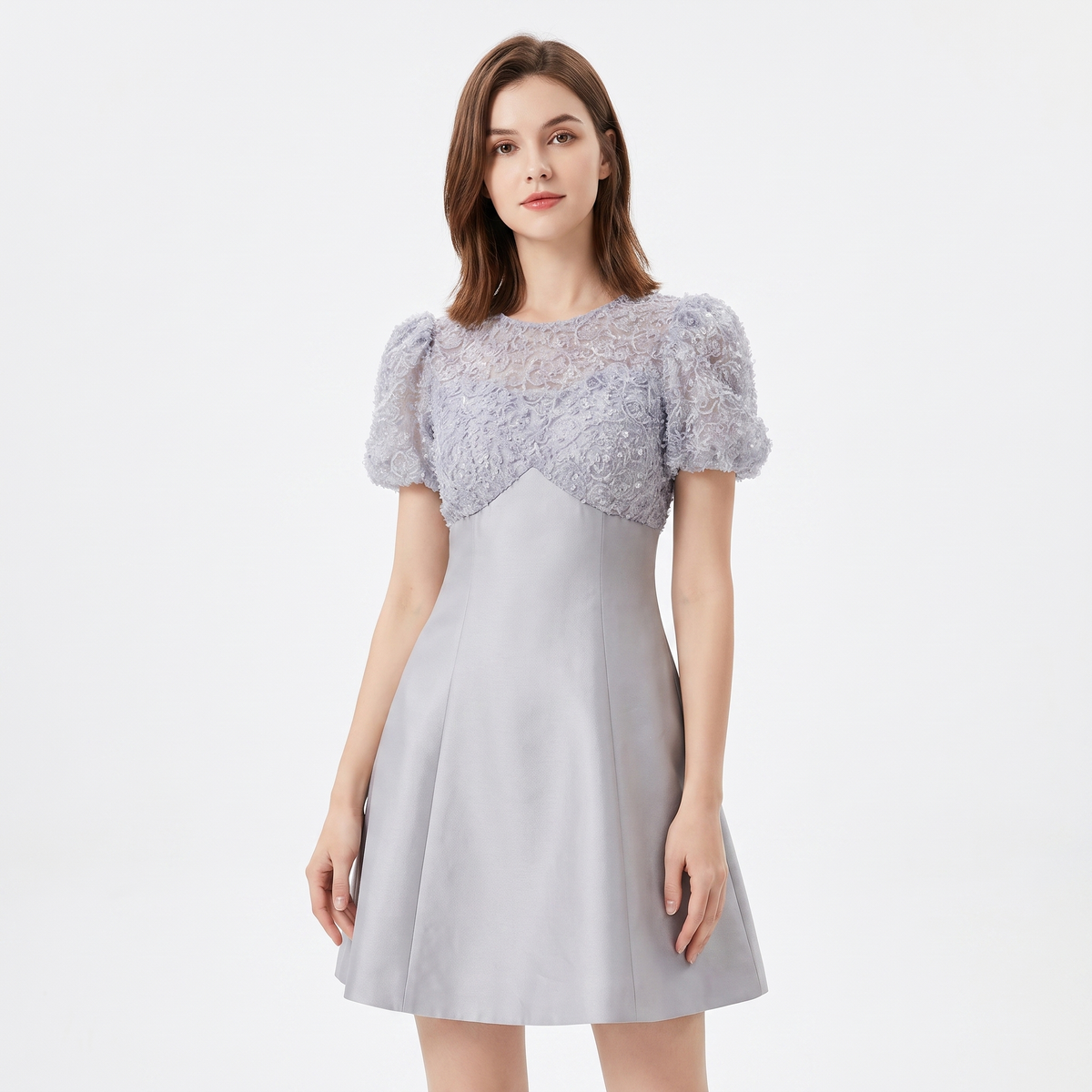Women's Puff Sleeve Floral Lace Bodice A-Line Mini Dress Elegant Party