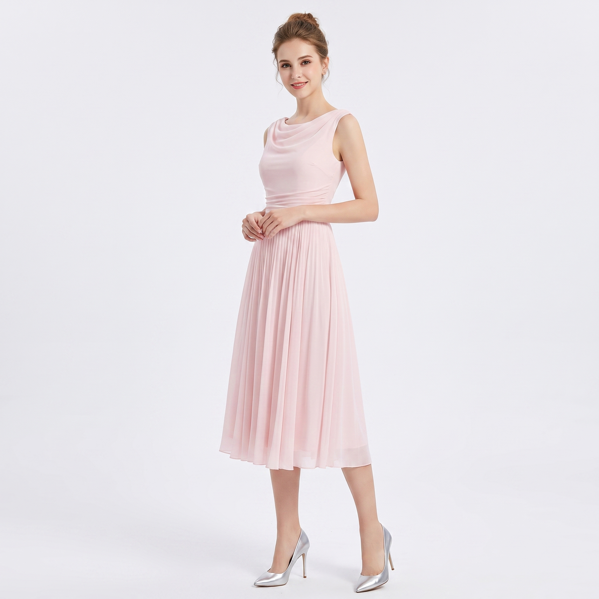 Women's Chiffon Pleated A-Line Midi Dress Sleeveless Cowl Neck Elegant Dress