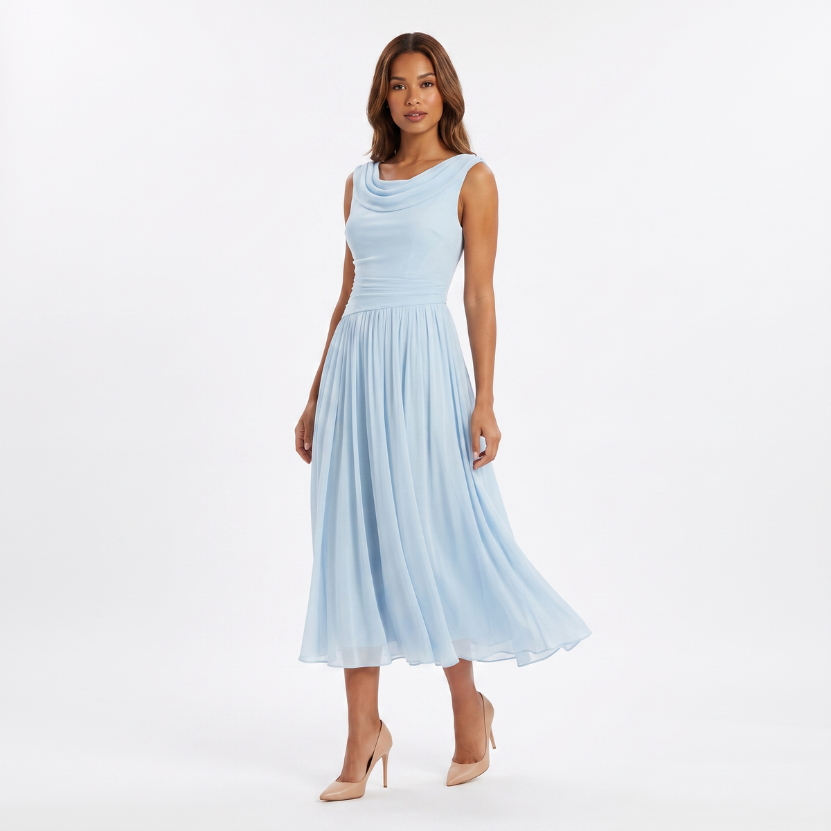 Women's Chiffon Pleated A-Line Midi Dress Sleeveless Cowl Neck Elegant Dress