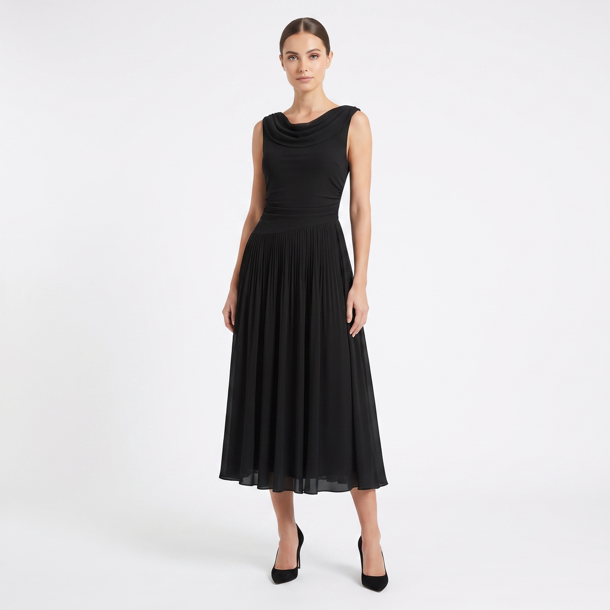 Women's Chiffon Pleated A-Line Midi Dress Sleeveless Cowl Neck Elegant Dress